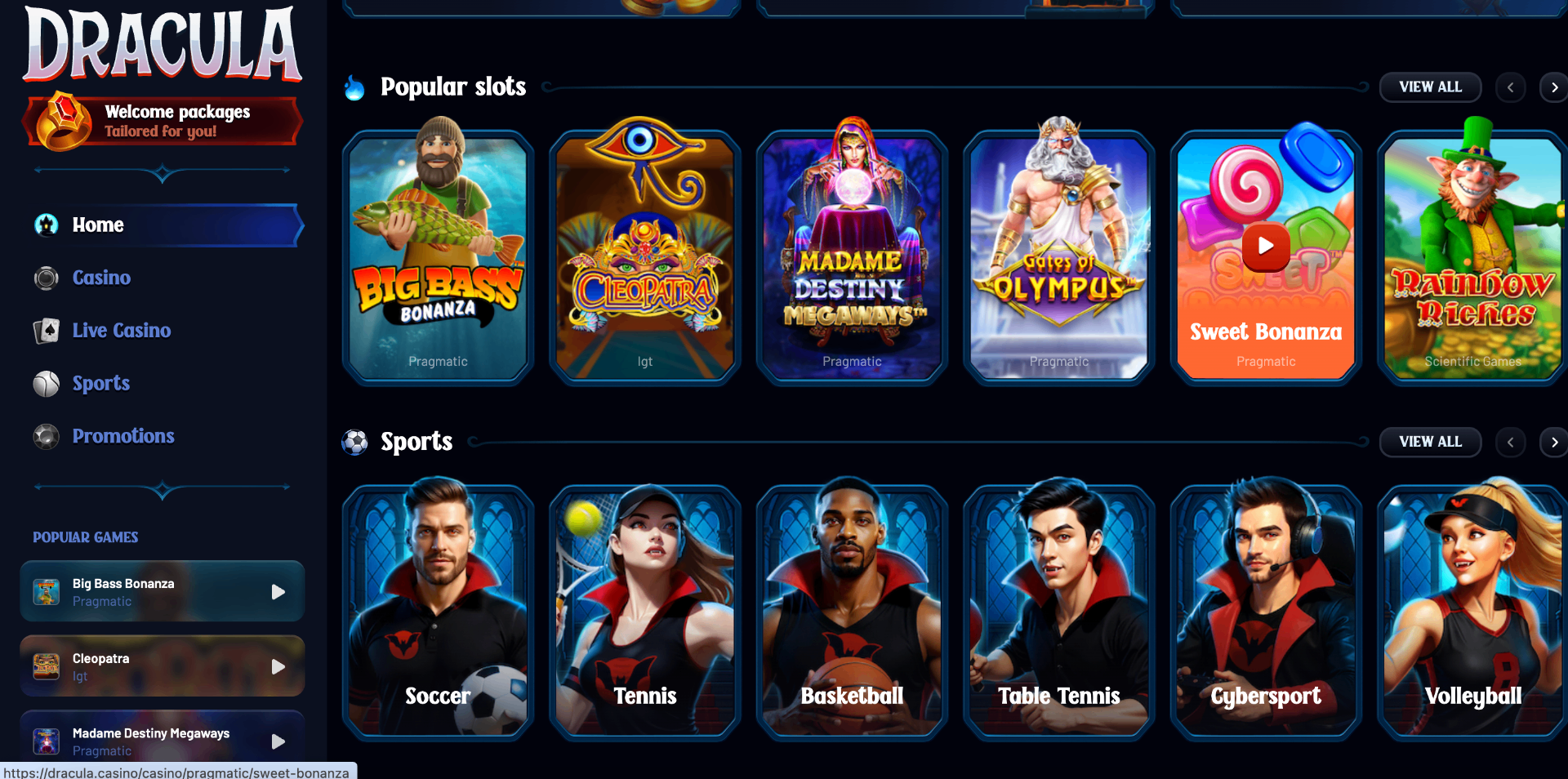 Dracula Casino independent casino UK screenshot 1 showing platform interface