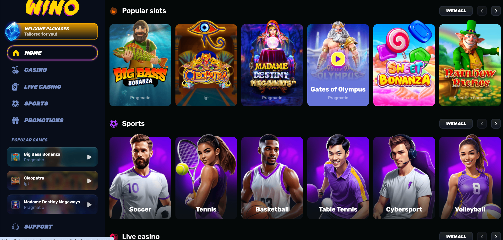 Wino Casino independent casino UK screenshot 2 showing platform interface